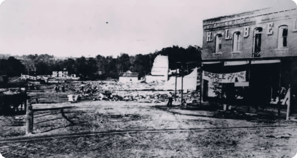 A black and white photo of an old town.