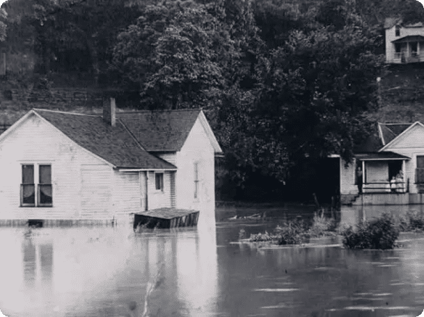 A house is shown in the water.